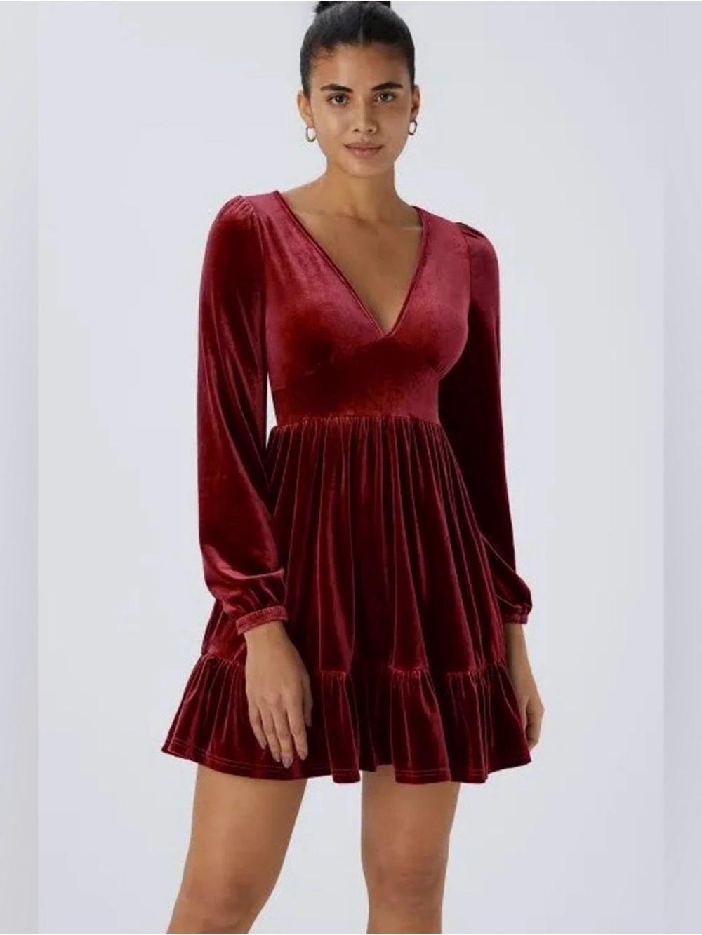 HALARA Burgundy Velvet V-Neck Long Sleeve Mini Dress - Gorgeous Red Velvet Dress